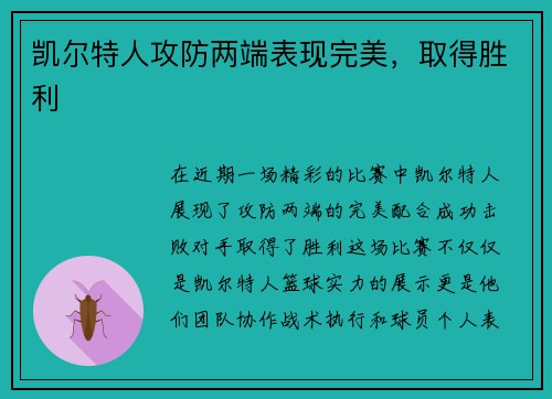 凯尔特人攻防两端表现完美，取得胜利